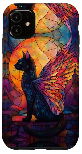 Hülle für iPhone 11 Black Cat Wings Halloween Stained Glass Moon Stain Glass von Stained Glass Effects ADC