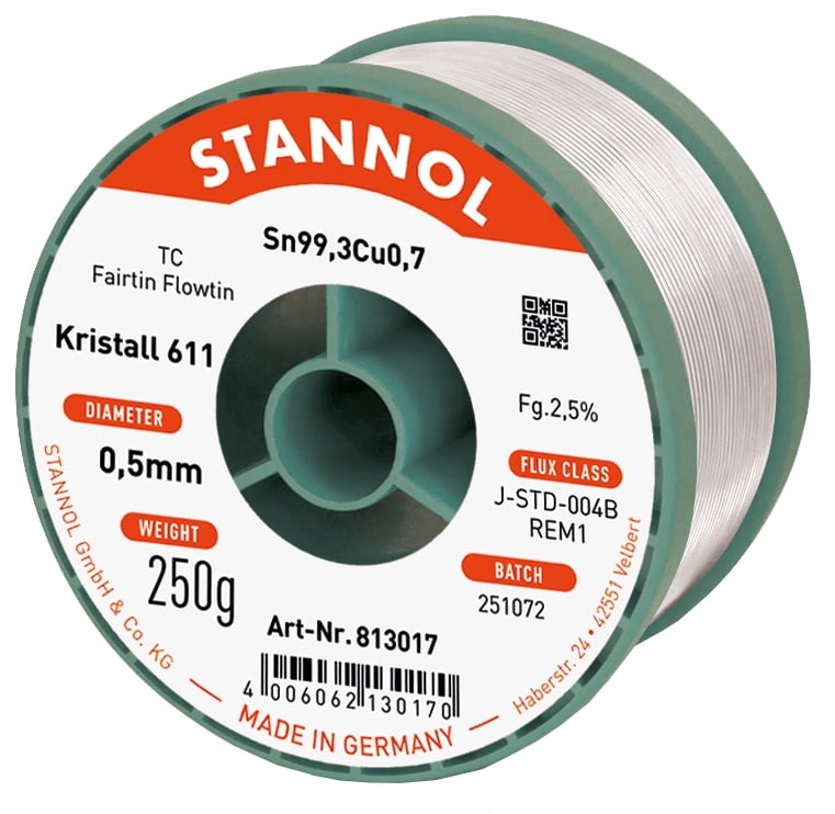 STANNOL Lötzinn Kristall 611, TC, Sn99,3Cu0,7, Fairtin Flowtin, 0,5 mm, 250 g von Stannol