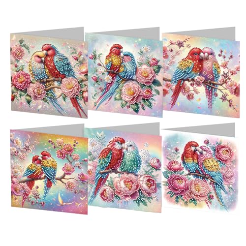 Starnearby DIY Diamond Painting Karten, 6 Stück 5D Diamond Painting Grußkarten, Geburtstagskarten Set Weihnachtskarten, Diamant Painting Blumen Postkarten für Hochzeit Party (Papagei) von Starnearby