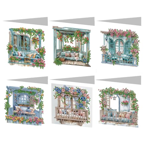 Starnearby DIY Diamond Painting Karten, 6 Stück 5D Diamond Painting Grußkarten, Geburtstagskarten Set Weihnachtskarten, Diamant Painting Blumen Postkarten für Hochzeit Party (Pavillon) von Starnearby