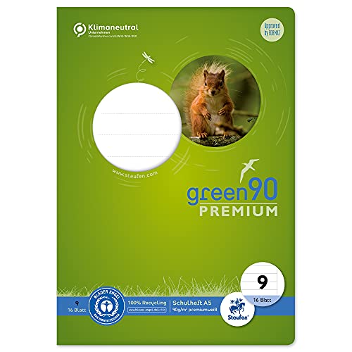 Staufen Green Schulheft - DIN A5, Lineatur 9 (10mm liniert mit Rand), 16 Blatt, 90g/m² Recyclingpapier, runde Ecken verhindern „Eselsohren“, 3 verschiedene Motive (keine Auswahl möglich), 1 Stück von Staufen