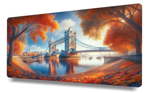 Mousepad 600x400x3mm Gaming Mauspad XXL, rutschfeste Gummibasis, Großes Mousepad mit vernähten Kanten, Für PC, Laptop. verbessert Präzision und Geschwindigkeit, Zubehör für Büro, Tower Bridge Herbst von Stceaol