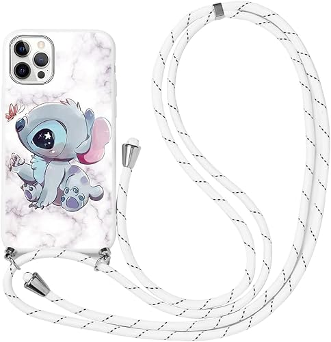 Stradvnaly Handykette Hülle für iPhone 16 pro 6.3" Necklace Handyhülle, Umhängeband Handykordel Schutzhülle Weich Schultergurt Silikonhülle TPU Cover mit Stitch Niedliches Cartoon-Muster,Weiß von Stradvnaly