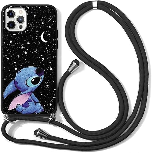 Stradvnaly Handykette für iPhone 14 Pro 6.1" Hülle mit Band, Stitch Animation Design Necklace Handyhülle mit Kordel zum Umhängen Silikon Weich TPU Schutzhülle,H1 von Stradvnaly