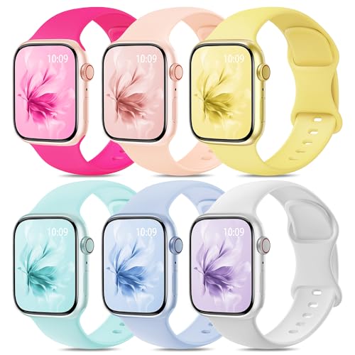 Strapolis 6 Stück Sport Armbänder Kompatibel mit Apple Watch Armband 40mm 44mm 41mm 45mm 42mm 38mm 49mm Damen Herren, Weich Silikon Ersatz für iWatch Armband Series 9 SE 8 7 6 5 4 3 2 1 Heißes Rosa von Strapolis