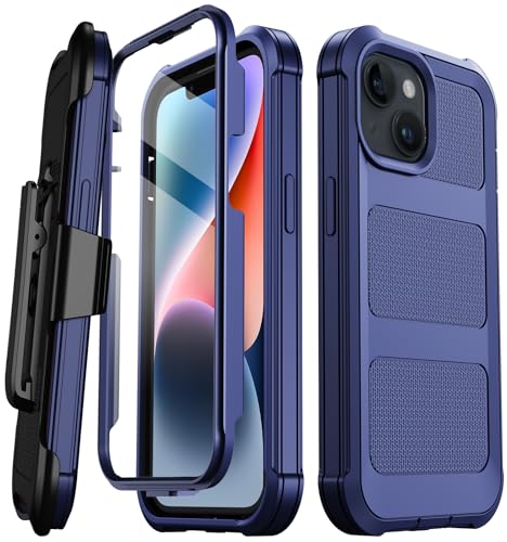 Stroson Schutzhülle für iPhone 14, integrierter Displayschutz, militärische Qualität, robust, stoßfest, mit Ständer und Gürtelclip, 15,5 cm (6,1 Zoll), Blau von Stroson