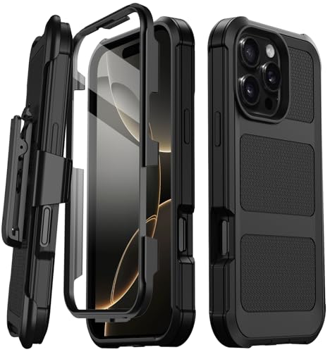 Stroson Schutzhülle für iPhone 16 Pro, integrierter Displayschutz, militärischer Fallschutz, strapazierfähig, stoßfest, mit Ständer und Gürtelclip, Holster 16 cm (6,3 Zoll), Schwarz von Stroson