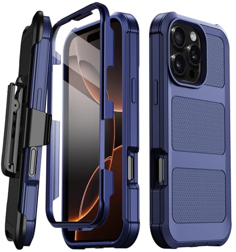 Stroson Schutzhülle für iPhone 16 Pro Max, integrierter Displayschutz, strapazierfähig, Fallschutz in Militärqualität, stoßfest, mit Ständer und Gürtelclip, 17,5 cm (6,9 Zoll), Blau von Stroson