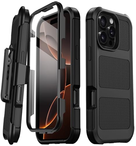 Stroson Schutzhülle für iPhone 16 Pro Max, integrierter Displayschutz, strapazierfähig, Fallschutz in Militärqualität, stoßfest, mit Ständer und Gürtelclip, 17,5 cm (6,9 Zoll), Schwarz von Stroson