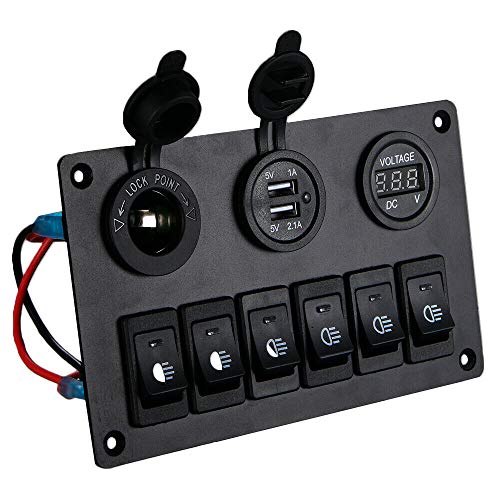 Stytpwra Schaltpanel mit 6 Gängen, mit digitalem LED-Voltmeter, 12 V-24 V, Dual-USB-Ladegerät, Steckdose Plus für RV, Truck, Boot, SUV von Stytpwra