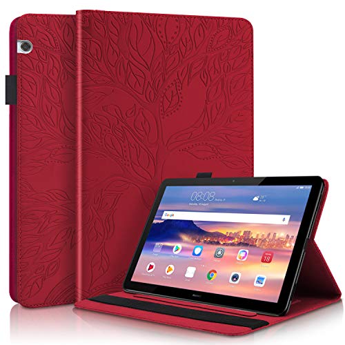 Succtop Hülle Huawei Mediapad T5-10 10,1 Zoll Schutzhülle PU-Leder Weiche TPU Case Flip Stand Stifthalter Kartenschlitz Brieftasche Tablet Hülle für Huawei Mediapad T5 10.1" Rot von Succtop