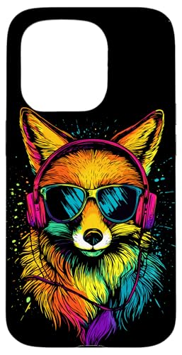 Hülle für iPhone 15 Pro Fuchs Kopfhörer Bunte Regenbogen Farben Rotfuchs DJ Füchse von Süßer Fuchs & Füchse Geschenk für Musik Liebhaber