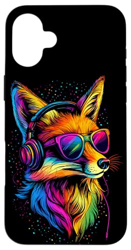 Hülle für iPhone 16 Plus Fuchs Kopfhörer Bunte Regenbogen Farben Rotfuchs DJ Füchse von Süßer Fuchs & Füchse Geschenk für Musik Liebhaber