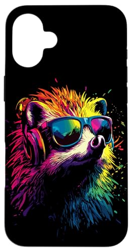 Hülle für iPhone 16 Plus Igel mit Kopfhörer Popart Sonnenbrille Regenbogen Süße Igel von Süßer Igel für Stacheltier Fans & Igel Liebhaber