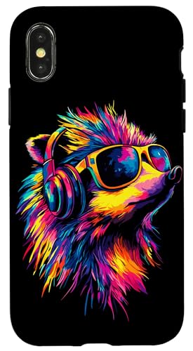 Hülle für iPhone X/XS Igel mit Kopfhörer Popart Sonnenbrille Regenbogen Süße Igel von Süßer Igel für Stacheltier Fans & Igel Liebhaber