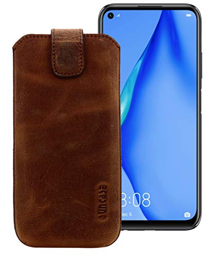 Suncase ECHT Leder Tasche kompatibel mit Huawei P40 Lite E mit ZUSÄTZLICHER Transparent Hülle | Schale | Silikon Bumper Handytasche (mit Rückzugsfunktion und Magnetverschluss) in antik-Coffee von Suncase