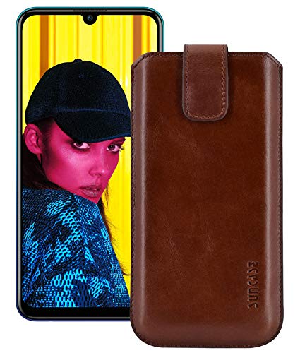 Suncase ECHT Ledertasche Leder Etui *Slim-Edition* für Huawei P Smart (2019) (mit Rückzugsfunktion und Magnetverschluss) Rustik-Mocca braun von Suncase