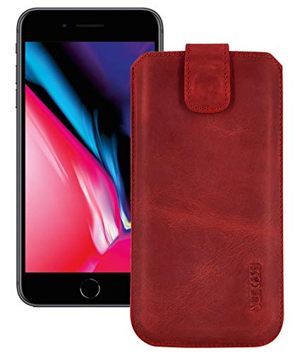 Suncase ECHT Ledertasche Leder Etui *Slim-Edition* kompatibel mit iPhone 8 Plus (mit Rückzugsfunktion und Magnetverschluss) antik rot von Suncase