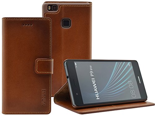 Suncase Huawei P9 lite Book-Style (Slim-Fit) Ledertasche Leder Tasche Handytasche Schutzhülle Case Hülle (mit Standfunktion und Kartenfach) Burned - Cognac von Suncase