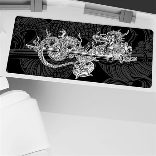 Suneve Schwarz-weißer Drache Mousepad XXL,Mauspad 800x400x2mm Gaming Mauspad mit Genähten Kanten,rutschfeste Gummimatte,wasserdichte Mauspad Desk Mat für Zuhause,Büro,Gaming Mauspad von Suneve