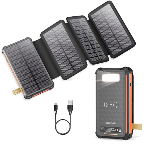 Solar Powerbank, Sunowl 26800 mAh Powerbank Solar, Schnelles Laden und Kabelloses Laden mit 2 USB/Typ-C-Ausgängen und LED-Taschenlampe, Solar Ladegerät für Telefon, Tablets, Camping im Freien von Sunowl