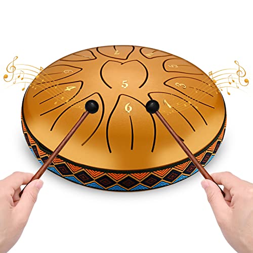 Zungentrommel, Sunowl 6 Zoll 11 Tones Steel Tongue Drum, Mini Stahlzungentrommel für Anfänger Kinder Erwachsene, Handpan Steel Drum für Meditation, Yoga, Klangheilung, Musikerziehung(Gold) von Sunowl