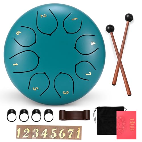 Zungentrommel, Sunowl 6 Zoll 8 Tone Regentrommel Garten C-Dur, Mini Stahlzungentrommel für Anfänger Kinder Erwachsene, Handpan Steel Drum für Meditation, Yoga, Musikerziehung, Klangheilung, Blau von Sunowl