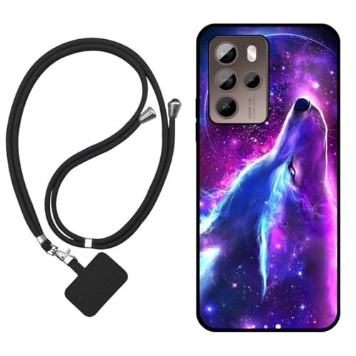 Sunrive Hülle Kompatibel mit HTC U23 PRO Case,matt Handyhülle Schutzhülle Etui Karikatur Muster TPU Backcover (Wolf,Mond,Sterne) +1x Universale Handykette MEHRWEG von Sunrive