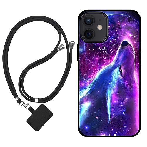 Sunrive Hülle Kompatibel mit iPhone 12 Mini Case,matt Handyhülle Schutzhülle Etui Karikatur Muster TPU Backcover (Wolf,Mond,Sterne) +1x Universale Handykette MEHRWEG von Sunrive