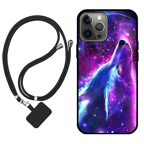 Sunrive Hülle Kompatibel mit iPhone 13 Pro Case,matt Handyhülle Schutzhülle Etui Karikatur Muster TPU Backcover (Wolf,Mond,Sterne) +1x Universale Handykette MEHRWEG von Sunrive