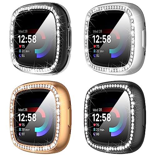 Suoman Displayschutzfolie für Fitbit Sense 2/Versa 4, TPU, galvanisiert, Rundumschutzhülle für Fitbit Sense 2/Versa 4 Smartwatch [Glitzer-Diamanten] (Schwarz, Rosa, Silber, Transparent), 4 Stück von Suoman