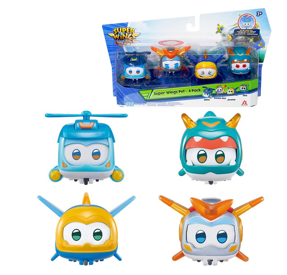 Super Wings Hörspielfigur Super-Haustiere 4 Pack Shine, Golden Boy, Jerome, Ellie, (4-St), Schaltbare, Gesichtsausdrücke, Blitz-Effekt von Super Wings