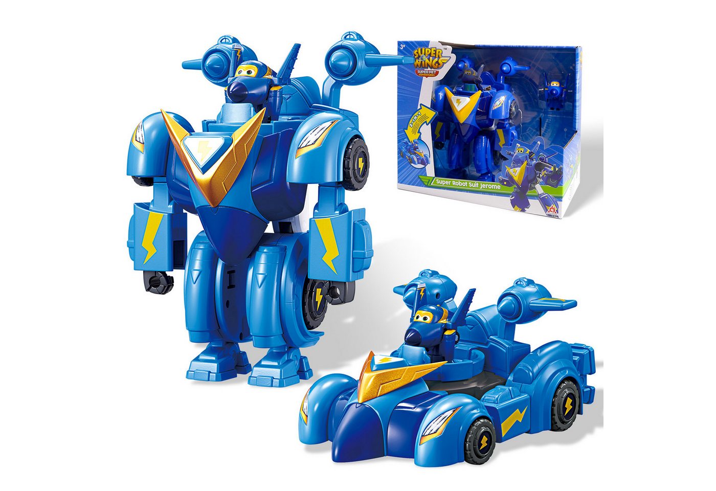 Super Wings Hörspielfigur Super-Roboter-Bausatz Jerome Verwandelbare Puppe, ca. 18 cm groß, (1-St), 2-in-1-Roboter-Set und Superauto für Kinder ab 3 Jahren, blau von Super Wings