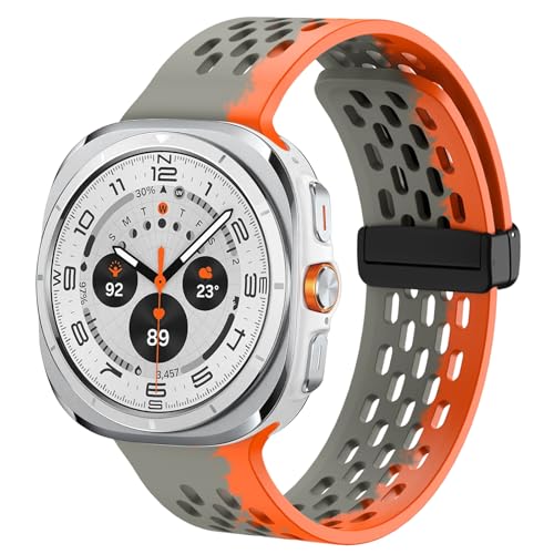 Armband Kompatibel mit Samsung Galaxy Watch Ultra, Magnetverschluss Atmungsaktives Sport Uhrenarmband Silikon Smartwatch Ersatzarmband für Galaxy Watch Ultra (Grau Orange) von Supore