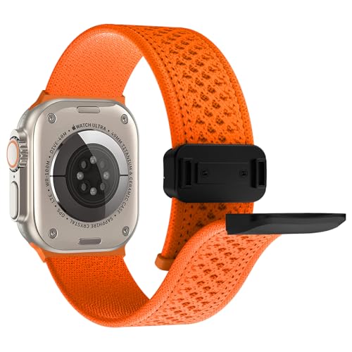 Nylon Armband Kompatibel mit Apple Watch Armband 44mm 45mm 49mm 42mm für Damen Herren, Elastisch Nylon Armbänder mit Magnetisch Verschluss für iWatch Ultra SE Series 9 8 7 6 5 4 3 2 1 (Orange) von Supore