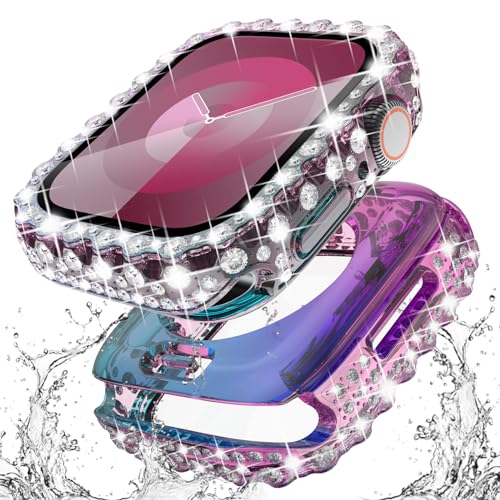 Surace 2-in-1 wasserdichte Bling-Hülle, kompatibel mit Apple Watch Serie 9, Serie 8, Serie 7, 45 mm Displayschutzfolie, Spitzenrand, Diamant-Schutz, Stoßfänger, Gesichtsabdeckung für iWatch-Zubehör, von Surace