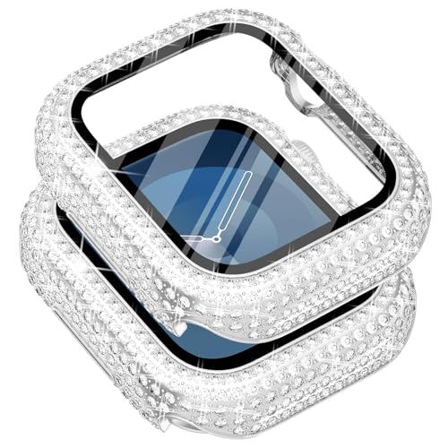 Surace 45 mm Hülle, kompatibel mit Apple Watch Serie 9, Serie 8, Serie 7, 400 Diamanten mit Displayschutzfolie, Bling Case, Schutzhülle für Apple Watch 9, 8, 7, 45 mm, Silber von Surace