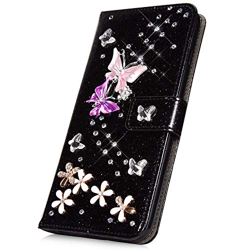 Surakey PU Leder Hülle für iPhone XR Handyhülle Handytasche Glänzend Bling Glitzer Diamant PU Tasche Schutzhülle Flip Case Brieftasche Etui Wallet Case Ständer Kartenfächer, Schwarz von Surakey