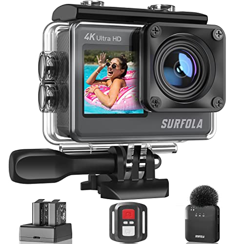 Action Cam 4K 60FPS - 24MP Unterwasserkamera, WiFi, 40M Wasserdichte Kamera, 170° Einstellbarer Weitwinkel, EIS Helmkamera, Dual-Screen-Camcorder mit kabellosem Mikrofon und 2 aufladbaren Batterien von Surfola