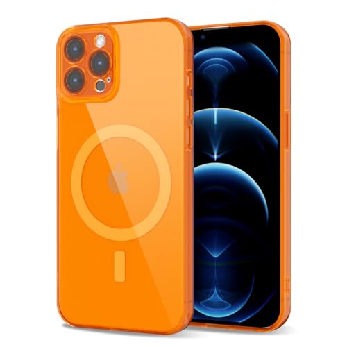 Svanove für iPhone 12 Pro Max Hülle mit Magsafe, Durchsichtig Magnetisch Kameraschutz Handyhülle, Dünn Farbig Silikon Schutzhülle Slim Stoßfest Weich Transparent Mag Schutz Clear Case, Neon Orange von Svanove