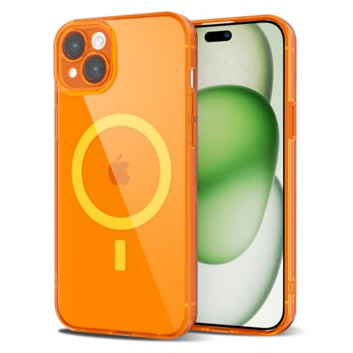 Svanove für iPhone 15 Hülle mit Magsafe, Durchsichtig Magnetisch Kameraschutz Handyhülle, Dünn Farbig Silikon Schutzhülle Slim Stoßfest Weich Transparent Mag Schutz Clear Case, Neon Orange von Svanove