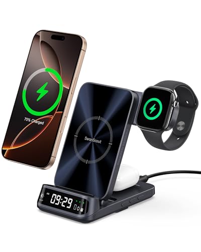 SwanScout Induktive Ladestation für iPhone, SwanScout 708A, 3 in 1 Ladestation für iPhone 15/14/13/12 Serie, Faltbarer Kabelloses Ladegerät für Apple Watch Ultra 2/9/8, für AirPods Pro (Ohne Adapter) von SwanScout