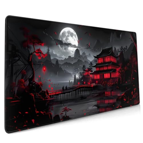 Japanisches Mauspad, XXL, 90 x 40 cm, Design-Stil, erweitertes großes Gaming-Mauspad, Tastatur, Schreibtischunterlage, rutschfeste Gummiunterseite, genähte Kanten, für Heimbüro, Schwarz / Rot von Sweetshow