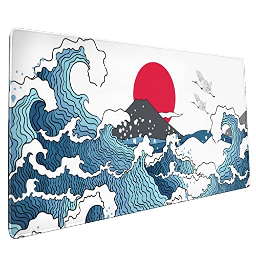 Japanisches Mauspad mit weiß-blauem Wellenmuster, verlängertes großes Mauspad mit Kranichhügel und Sonne, rutschfeste Gummiunterseite, genähten Kanten, wasserdicht, Gaming, Heimbüro, 90 x 40 cm, XXL von Sweetshow