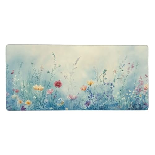 Mousepad Blau Schreibtischunterlage Blume Mauspad XXL 1200 x 600 x 3 mm, WassXerdicht Mousepad Gaming Zubehör, Anti-Rutsch Desk Mat mit Genähte Kanten,Mauspads for Büro Deko,Geschenke für Frauen-Y963 von Syiboo