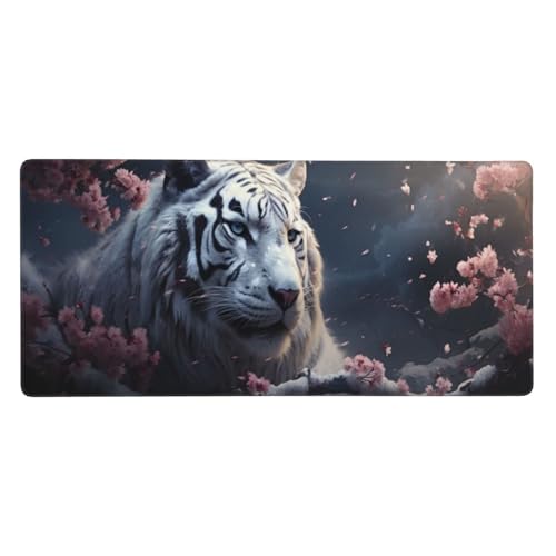 Mousepad Weiß Schreibtischunterlage Tiger Mauspad XXL 1200 x 600 x 3 mm, WassXerdicht Mousepad Gaming Zubehör, Anti-Rutsch Desk Mat mit Genähte Kanten,Mauspads for Büro Deko,Geschenke für Frauen-Y1065 von Syiboo