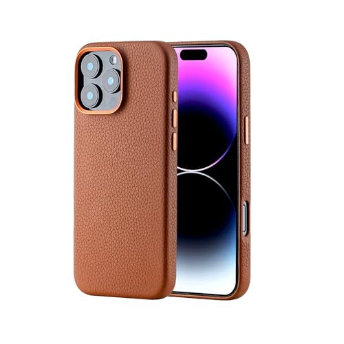 Lederhülle für iPhone 16 Pro Max Case Kompatibel mit MagSafe - Stilvolle Handyhülle aus Litchi-Narben Rindsleder mit Schützendem Weichem Innenfutter, Metallknöpfen und Kamerarahmen, 6,9 Zoll von Synchro Bands