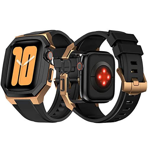 Syxinn Gehäuse mit Armband Kompatibel mit Apple Watch Armband 45mm mit Edelstahl Metall Schutzhülle Männer Hohe Qualität Fluor Kautschuk Uhrenarmband Displayschutzhülle für iWatch Series 9 8 7 45mm von Syxinn