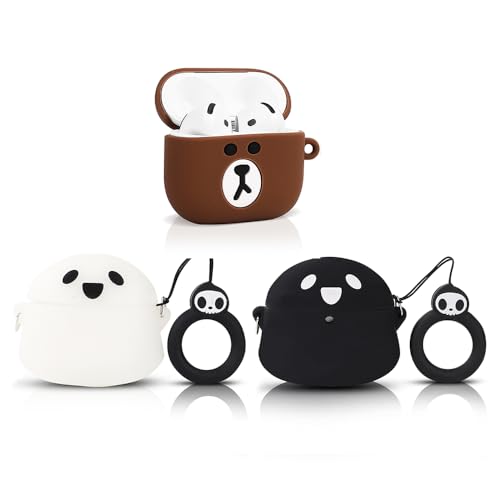 (3 Packung) TAOCHEN Hüllen für AirPods 4 Drahtlose Ohrhörer (2024) mit Karabiner- Silikon Aufladung Schutzhülle mit Cartoon Haut Design für AirPods 4th Erzeugung Kopfhörer (BNBär+GeistBK+GeistWH) von TAOCHEN