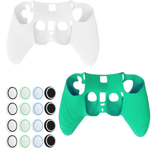 TATIVALO 2 Stücke Silikon Hülle für ps5 Controller, Case Anti-Rutsche Schutzhülle Griffe Skin mit 6 Joystick-Kappen für ps5 Wireless Controller (Grün + Weiß) von TATIVALO